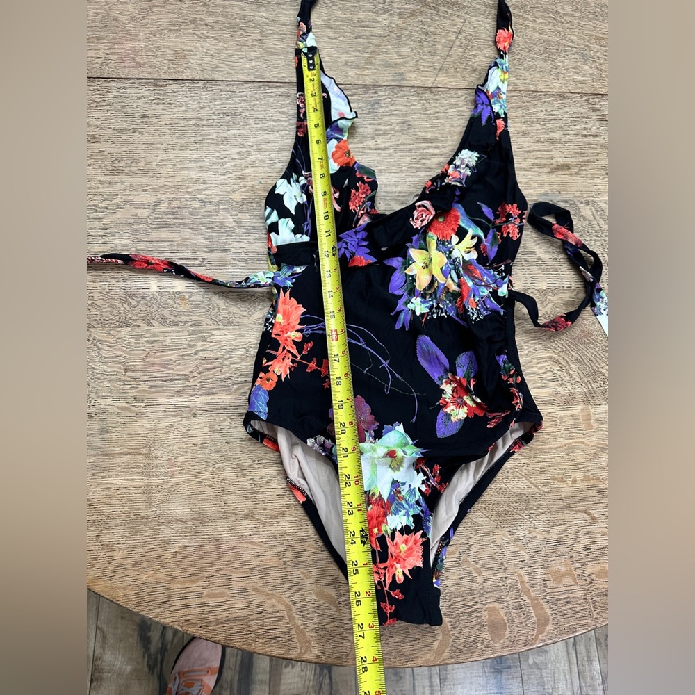 Anthropologie Allihop Ruffle Floral Halter Ruching Tie Waist One-Piece Swimsuit - Picture 13 of 16